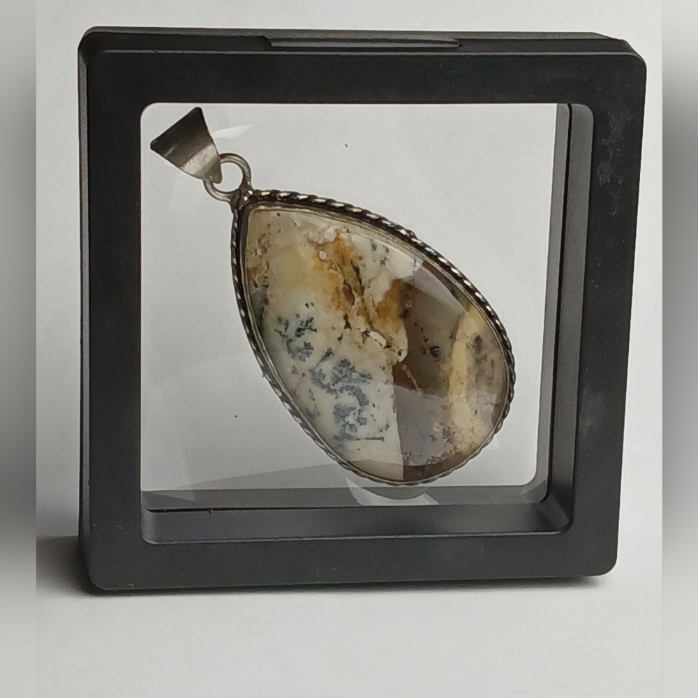 Silver Plated Teardrop Dendritic Agate Pendant in Cream and Brown